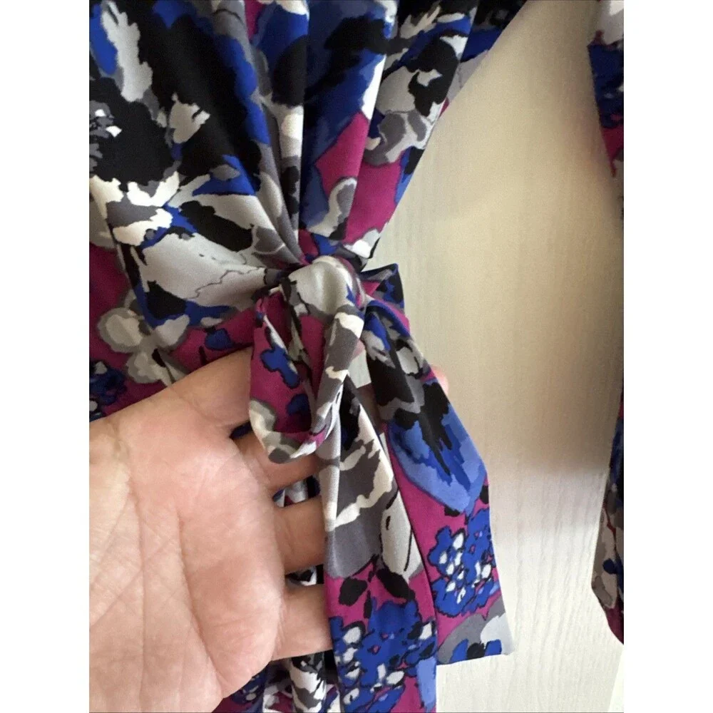 Kasper‎ Women Purple Blue Floral Crew-Neck Self-Tie Side Blouse Top Size XL